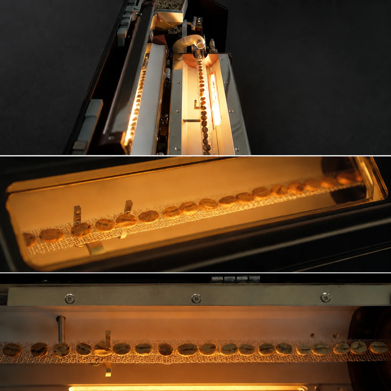 Three close-up views of coffee beans moving through the ROASTREAM conveyor roasting chamber